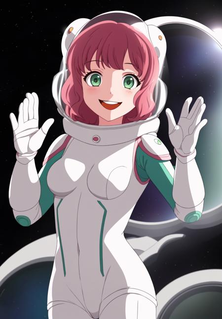 <lora:Aries_Spring:0.6>, Aries_Spring, 1girl, solo, bodysuit, waving, white bodysuit, spacesuit, space helmet, smiling, green eyes,