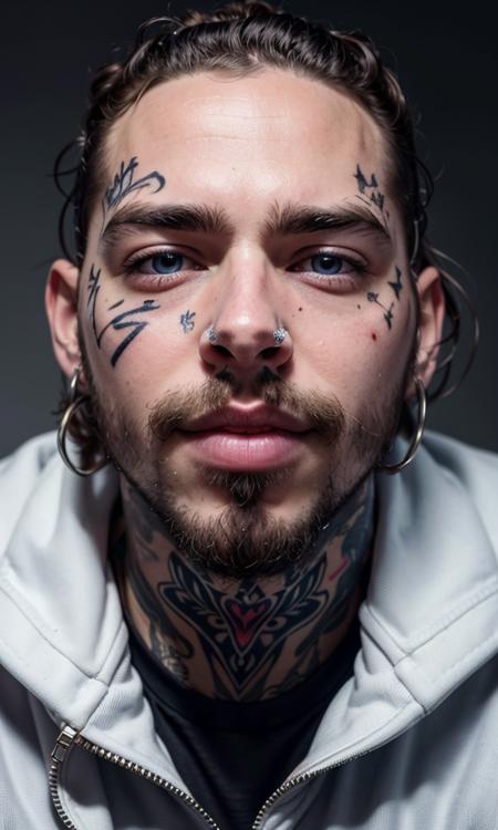 1man, face tattoo, grills, braces, short curly hair, detailed skin, writing on face, photorealistic, skin pore, 5 fingers, 5 toes, 8k, uhd, masterpiece, upper body, rapper, postym, Post Malone, beard, blue eyes, stage,