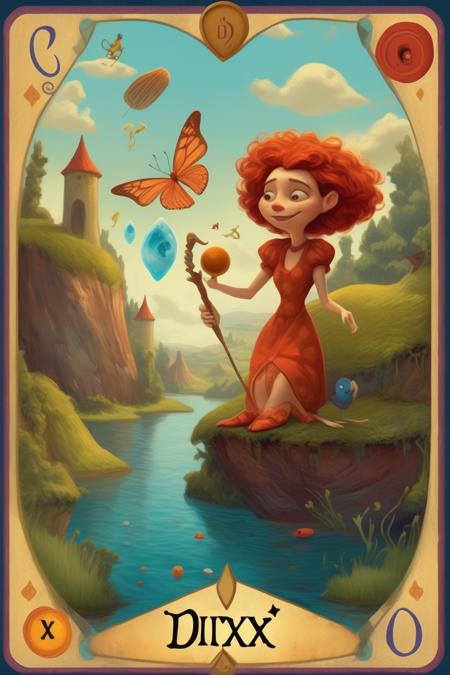 <lora:Dixit Card Generator:1>Dixit Card Generator - A tarot card inspired by the magical world of Pixar art unveils a scene set in a whimsical, vibrant landscape, where anthropomorphic creatures and inanimate objects come to life, inviting the seeker to embrace the wonder and joy of the animated realm.