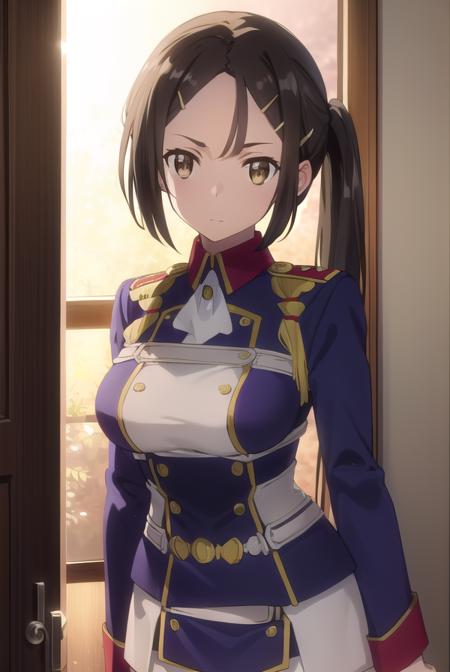 bianca, black hair, hair ornament, (brown eyes:1.5), hairclip, ponytail, pants, uniform, military, military uniform,