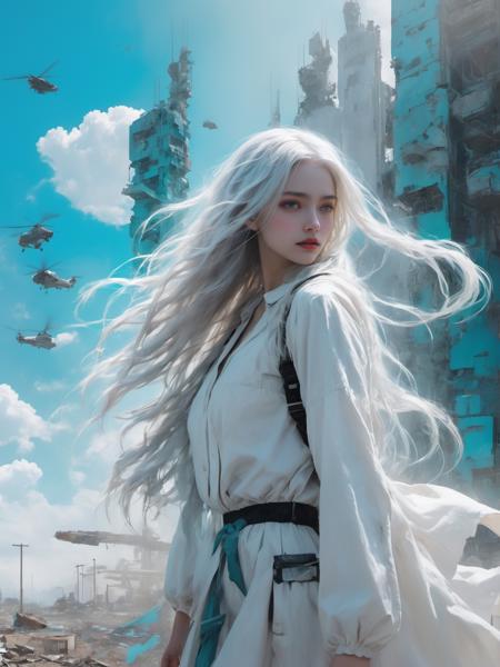 (dramatic, gritty, intense:1.4),masterpiece, best quality, 32k uhd, insane details, intricate details, hyperdetailed, hyper quality, high detail, ultra detailed, Masterpiece, super vista,
abandoned1girlsololong hair(white hair:1.4)
A shot with tension(sky glows cyan,Visual impact,giving the poster a dynamic and visually striking appearance:1.2),
 <lora:XL~Q?-_Bpo:0.7>