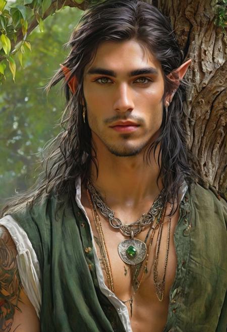 Hyper-realistic digital painting of a beautiful elven man, 
dark green eyes, 
messy shoulder-length hair, 
pointed ears, 
leaning against a tree, 
finely detailed necklace and bracelets, 
tattoos, 
in a surreal and fantastic setting, 
combining the artistic styles of Jose Royo, 
Boris Vallejo, 
Julie Bell, 
Carne Griffiths, 
and Brian Froud, 
precise anatomy, 
with a centered symmetrical composition, 
volumetric lighting, 
rays, 
vivid colors reflects