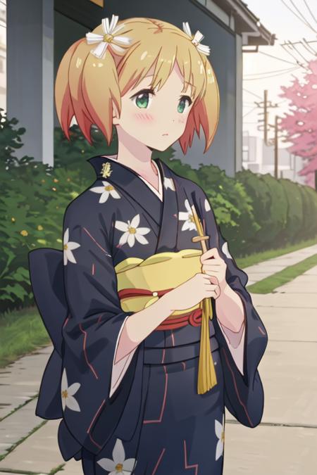 best quality, masterpiece, highres, solo, {yukata:1.40}, {kimono:1.20}, {yuu_sonoda_sakuratrick:1.15}, blonde_hair, blush, flower, hair_ornament, hair_flower, twintails, short_hair, green_eyes