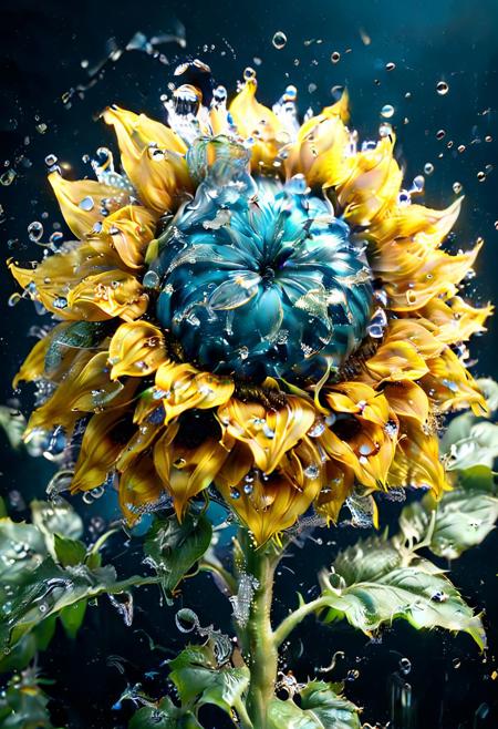 a sunflowers amazingly fluid detailed 3d fractals light particles water drops shimmering light, Miki Asai Macro photography, close-up, hyper detailed, trending on artstation, sharp focus, studio photo, intricate details, highly detailed, by greg rutkowski