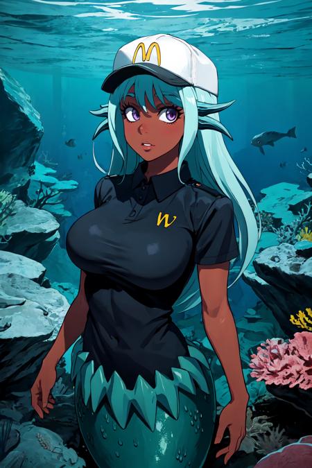 (masterpiece, best quality), outdoors, underwater, detailed face, cowboy shot, 1girl, solo, Levia-san, mermaid, monster girl, head fins, dark-skinned female, large breasts, <lora:Levia-san_V1-Manityro-dadapt:1>, toned, looking at viewer, cap, McDonaldsUniform, shirt, black shirt, uniform, <lora:McDonaldsUniform:0.6>