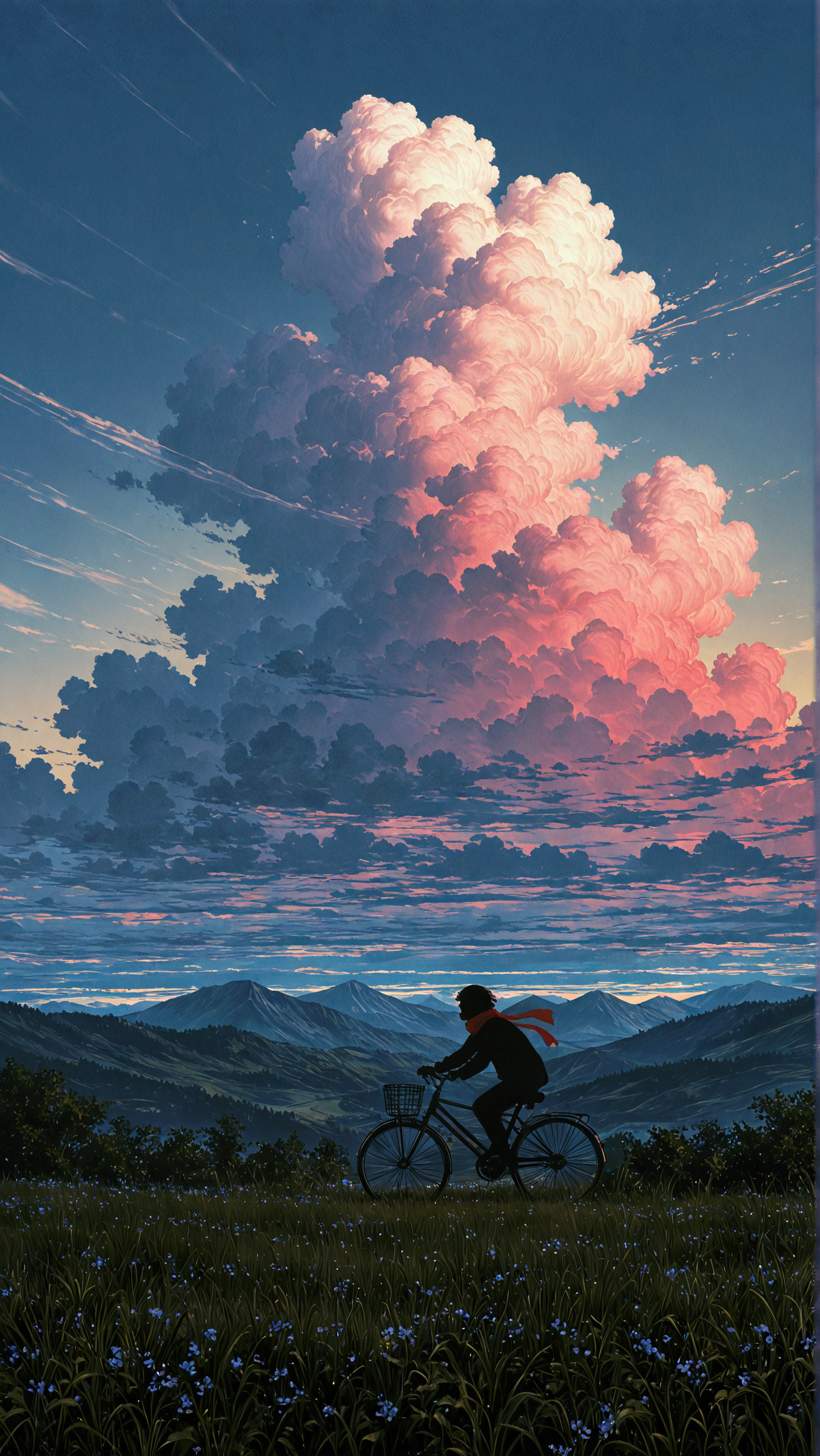 A silhouetted cyclist with a red scarf riding a bicycle across a grassy hillside dotted with small blue wildflowers, with massive pink and white cumulonimbus clouds rising dramatically in the background sky above rolling mountain ranges. 