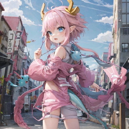 NineTattooDragonEliza a picture of a pink haired girl, anime style scene, 1girl, pink hair, dragon horns, horns, dragon girl, tail, blue eyes