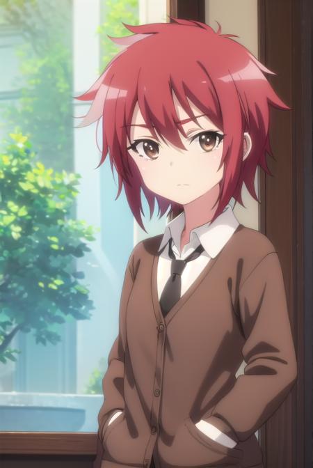 aoiyusa, <lora:aoi yusa s2-lora-nochekaiser:1>,
aoi yusa, short hair, (brown eyes:1.3), red hair,
BREAK school uniform, necktie, shirt, white shirt, collared shirt, cardigan, brown cardigan,
BREAK indoors, classroom,
BREAK looking at viewer, (cowboy shot:1.5),
BREAK <lyco:GoodHands-beta2:1>, (masterpiece:1.2), best quality, high resolution, unity 8k wallpaper, (illustration:0.8), (beautiful detailed eyes:1.6), extremely detailed face, perfect lighting, extremely detailed CG, (perfect hands, perfect anatomy),