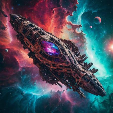 [[photo of]] ((intricate details)) science fiction ((broken starship part)) abandoned in complex ((multicolored nebula)). space fiction, fantastic environment, vibrant colors, fractal patterns, dark atmosphere, cinematic lighting