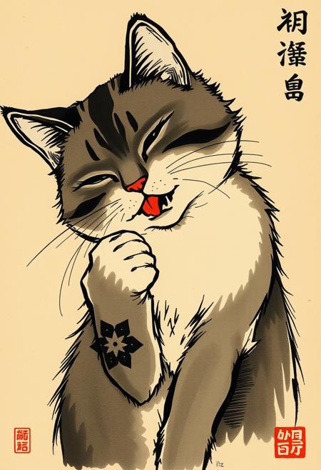 traditional japanese art style, ink on paper, wabi-sabi, henna and carmine, sepia, BREAK, cute, japanese cat, dramatic pose, licking its paw