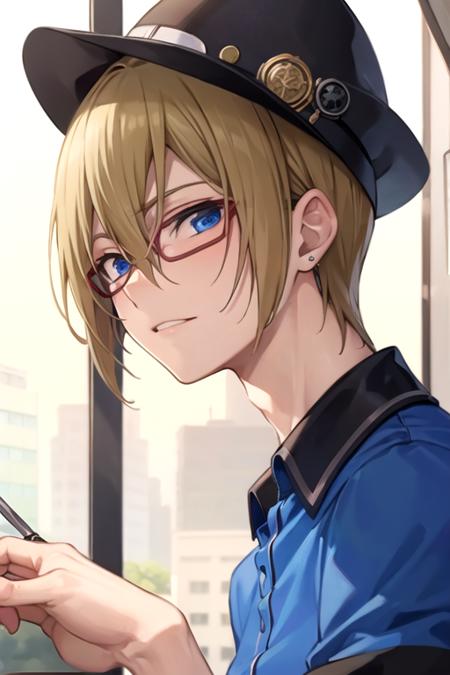 masterpiece, best quality, wallpaper, 1boy, solo, male focus, looking at viewer, upper body, depth of field, <lora:michiru_yanai:0.68>, michiru_yanai, blonde hair, blue eyes, hair between eyes, , polo shirt, fedora, steampunk,