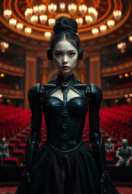 portrait, front view, image of a dark sinister ballerina, Ballerina in the image of a black swan, eerie ballerina robot, black and dark red colors, a combination of a sinister ballerina and an emotionless robot, cute girl, brunette, bun hairstyle, strict hairstyle, brown eyes, pale skin, serious expression, short, thin, round face, cute face, tough image, tight bun hairstyle, ballerina hairstyle, aggressive outfit, dark colors in clothes, combination of conservative and aggressive appearance, reserved image, purposeful, aggressive, rock style, conservative style, epic photo, fashion magazine photo, background mix of luxurious empty concert hall and sinister science lab with robots, complex background, detailed background, masterpiece, detailed, best quality, highly detailed portrait, high quality, 34K uhd, masterpiece, high detail, 8k, intricate, detailed, high resolution, high res, high quality, photorealism, highly detailed, Extremely high-resolution details, fine texture