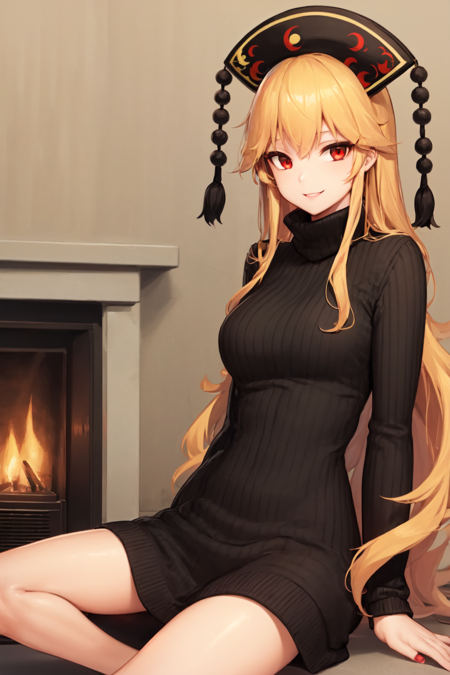 1girl, solo, junko \(touhou\), long hair, blonde hair, red eyes, black headwear, turtleneck, black sweater, fireplace, comfy, smile, looking at viewer, sitting <lora:char-junko-8dim:1>