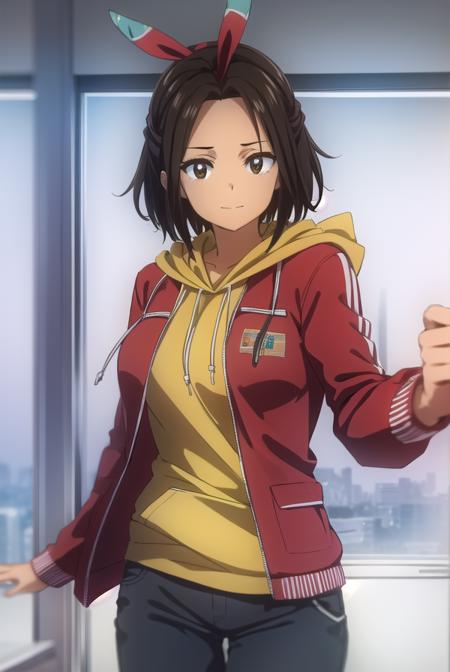 hikarihazakura, <lora:hikari hazakura s1-lora-nochekaiser:1>,
hikari hazakura, black hair, (brown eyes:1.3), hair ribbon, dark skin, dark-skinned female, smile,
BREAK jacket, pants, hood, hoodie, (red jacket:1.3),
BREAK indoors, classroom,
BREAK looking at viewer, (cowboy shot:1.5),
BREAK <lyco:GoodHands-beta2:1>, (masterpiece:1.2), best quality, high resolution, unity 8k wallpaper, (illustration:0.8), (beautiful detailed eyes:1.6), extremely detailed face, perfect lighting, extremely detailed CG, (perfect hands, perfect anatomy),