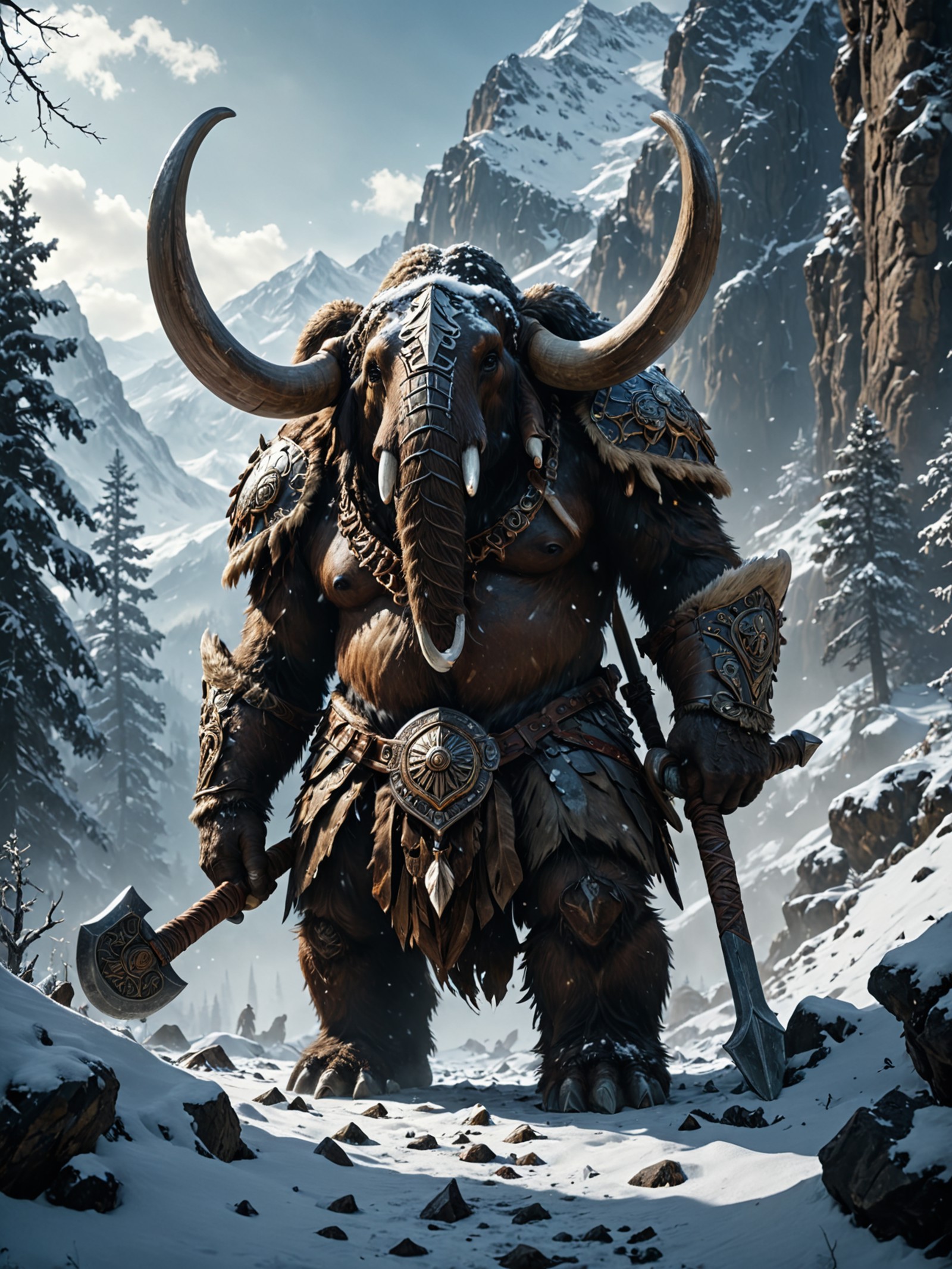 highly detailed and dramatic scene, a towering fluffy mammoth warrior in a snowy mountain, DnD style, the mammoth warrior ...