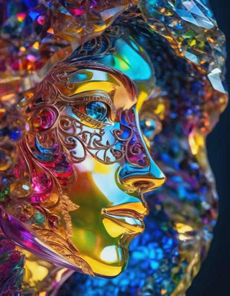 vibrant glinting woman made out of glass composed of ornate intricate translucent material, faceted skin texture, realistic reflections, extreme closeup, surreal, dreamlike, saturated, colorful, color-rich