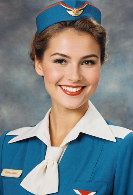 raw photo,half body, 1girl, 25 y.o. , 80's, stewardess,  smiling