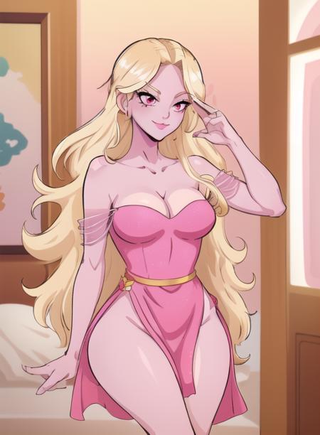 best quality, (masterpiece),(ultra-detailed), (high quality), (high resolution),<lora:afrodita:0.8>, 1girl, afrodita, blonde hair, cleavage, collarbone, colored skin, dlh, long hair, medium breasts, panties, pink dress, pink eyes, pink skin, smile, solo,