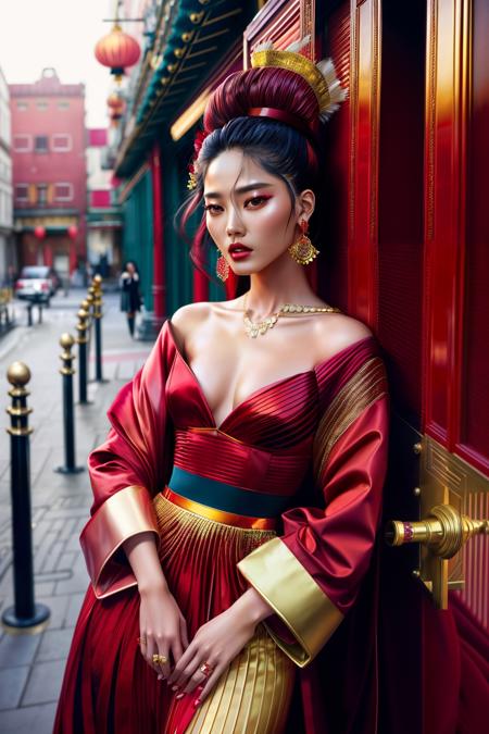 editorial fashion photograph for dazed magazine, MeiyuCipher wearing red and gold evening club wear inspired by 1990's dior, photographed by Eugenio Recuenco and lauren greenfield, dynamic poses, photorealistic in chinatown in NYC <lora:add_detail:0.5>