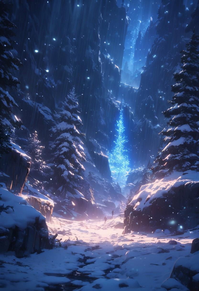 Masterpiece, HD, 4K, scenery, landscape, long view, long shot, cinematic view, cinematic lighting, snow scenery, snow flakes, glowing snow flakes, glowing blue lights, frozen trees, nighttime, night