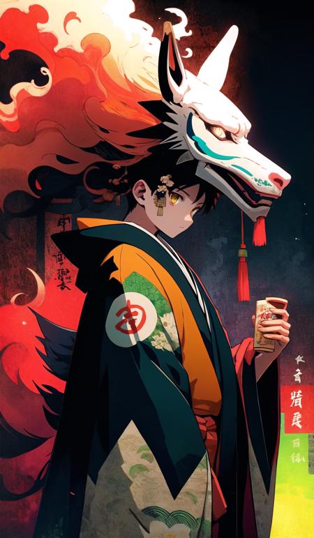 oniNFT, solo, japanese clothes, 1boy, male focus, from side, black background, fire, kimono, mask, wide sleeves, yellow eyes, bell, fox mask <lora:oniNFT-block:1>