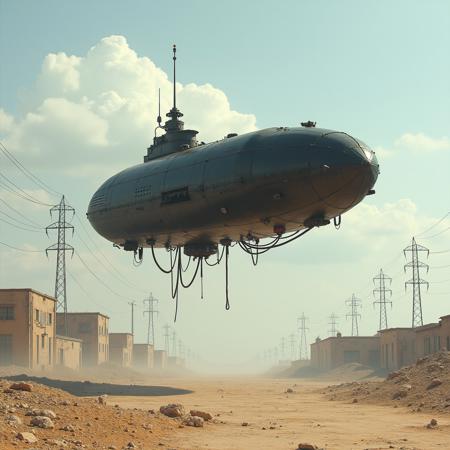 ultra high resolution, masterpiece, best quality, small featureless angular glossy black spacecraft with a rough textured surface hovering low to the ground, underneath the spacecraft are cables hoses and wires, antennas on top, cables hanging from below, rectangular in shape, futuristic world, post apocalyptic landscape, ((low concrete buildings:1.3)) anti gravity, in the atmosphere, sky, clouds, ground visible, hovering, dry, ((dusty)), bleak landscape, parched, bright noon sunlight, square shapes, bleached colors, destroyed industrial buildings, powerlines and towers, concrete foundations