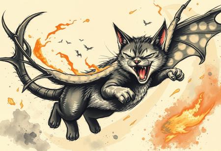 ink painting
CAT
FLYING
In the Hell
blasting THE ENEMIES with fire from mouth like dragon
SMILING 
EYES CLOSED