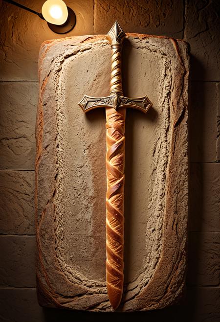 a legendary two-handed sword made entirely of golden baked baguette bread, long blade with crispy crust texture and soft interior, crossguard sculpted from twisted darker bread dough, planted majestically in a large stone block, like Excalibur, in the middle of a rustic bakery floor dusted with flour, warm soft lighting, slight rays of light shining on the sword, magical and whimsical atmosphere, photorealistic textures, highly detailed artisan bread craftsmanship