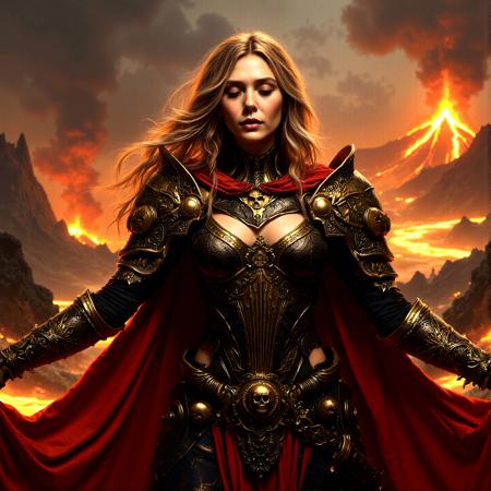 Extremely realistic  Young female paladin, elaborate armor, gothic style, gold and black, red cape, skull motifs, strong posture, cinematic lighting,Fiery volcanic landscape, flowing lava rivers, erupting volcanoes, dark smoke-filled sky,
standing, arms wide open, eyes closed, absorbing energy


