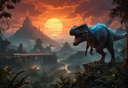An epic 16:9 panorama showcases a prehistoric scene with a 
(T-Rex roaring under a thunderous sky),
(The serene spaceship hovers, casting glow over the landscape.) 
(Indiana Jones stands heroically with a sunset silhouette  luminescent hand reaches out from the foliage, touching a red stone.) 
(The right side features the menacing  shark ) 
( battleground with WWII Soldiers.)
(To the left, a futuristic  cityscape unfolds with neon lights and maglev trains.)
The color palette is rich, contrasting warm sunset tones with cool night blues, fiery breath with alien light, and vibrant greens with dystopian neons. Each iconic element is balanced, creating a thrilling cinematic tableau that captures adventurous spirit. --chaos 100