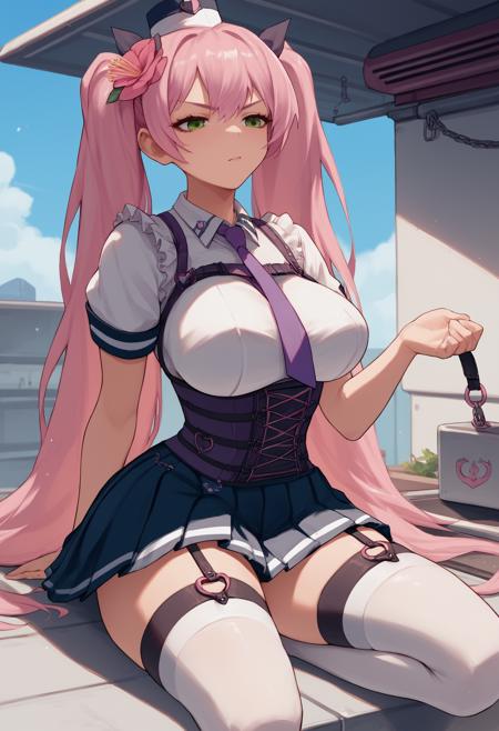 qrnkk, green eyes, pink hair, twintails, long hair, garrison cap, hair flower, hair ribbon, large breasts, purple necktie, white shirt, harness, short sleeves, corset, pleated skirt, garter straps, white thighhighs, thighs