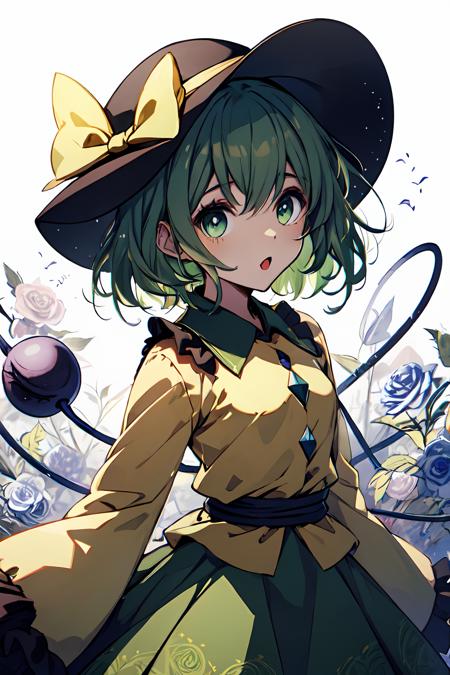 masterpiece, top quality, best quality, official art, beautiful and aesthetic,
1girl, solo, komeiji koishi, hat, skirt, third eye, shirt, yellow shirt, wide sleeves, long sleeves, looking at viewer, frills, green eyes, green skirt, floral print, frilled sleeves, flower, rose, black headwear, green hair, ribbon, hat ribbon, frilled shirt collar, hat bow, bright pupils, bow, hair between eyes, bangs, yellow bow, cowboy shot, yellow ribbon, medium hair, open mouth,
extreme detailed,highest detailed, optical mixing, playful patterns, lively texture, unique visual effect,