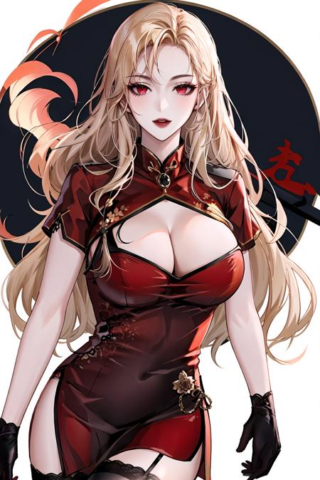 1girl, red eyes, gloves, solo,large breasts,cleavage,china dress,red dress,lace trim, black thighhighs,blonde hair,wavy hair,bad-girl,((mature female))