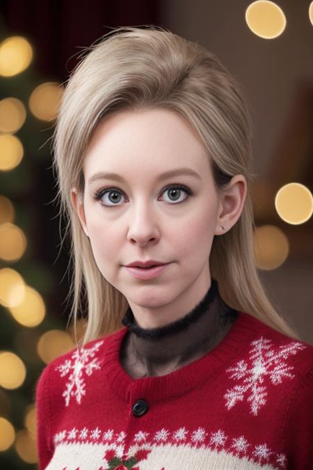 realistic professional photo of a 311z483thh01m35 frowning and wearing a christmas sweater, skin texture, detailed face, (black mascara, dramatic celebrity makeup), light bokeh, sharp focus