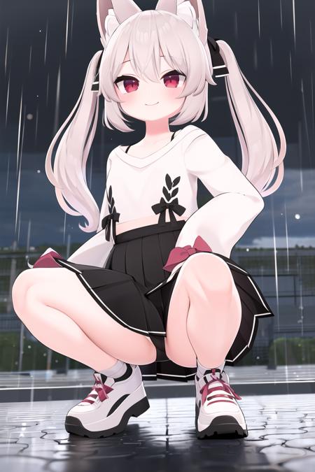 grey hair, long hair, twintails, bangs, hair between eyes, animal ears, fox ears, animal ear fluff, red eyes, tail, fox tail, virtual youtuber, shirt, white shirt, long sleeves, sleeves past wrists, bow,  hair bow, red bow, ribbon, skirt, pleated skirt, black skirt, shoes, white footwear, 