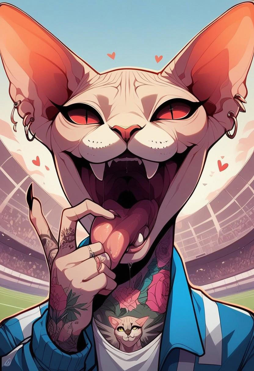 score_9, score_8_up, score_8,source_anime,
<1girl:1.5>,
<solo:1.5>,
female,
jacket,
hand gesture,
stadium,
tattoos,
piercings,
<white sclera:2.5>,
slit eyes,
cat eyes,
face tattoo,
teeth,
fangs,
tongue out,
evil,
detailed background,
smile, smirk, grin, open mouth, vore, imminent vore, oral invitation, saliva, tongue, throat, face focus, dutch angle, side view, angle view, licking finger
 <lora:Sphynx_Cat_Anthro:1> sphynx_cat_anthro