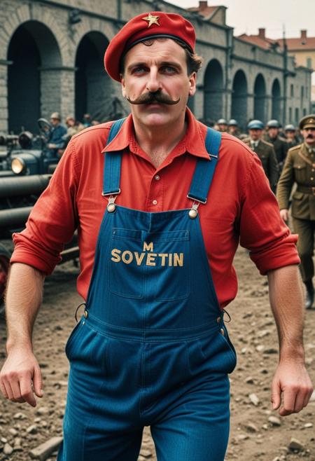 ((Film poster , dynamic photograph from a colorized, 1936 Soviet live action film titled (" братя супер марио" )) , ((about a short fat Italian proletarian plummer wearing (a big bushy moustache), (blue overalls), (red shirt) , (a big red cap that has the letter "М"  seen printed on the front)),  ((the short fat Italian proletarian plummer wearing (a big bushy moustache), (blue overalls), (red shirt) , (a big red cap that has the letter "М"  seen printed on the front),  travels through green pipes and smash big brown bricks, in a magical kingdom)) , ((the short fat Italian proletarian plummer wearing (a big bushy moustache), (blue overalls), (red shirt) , (a big red cap that has the letter "М"  seen printed on the front), is seen saving a (blonde woman in a dress)), ((the blonde woman in a dress) is seen being rescued by the short fat Italian proletarian plummer wearing (a big bushy moustache), (blue overalls), (red shirt) , (a big red cap that has the letter "М"  seen printed on the front)),  
[(Cinematic still), (photograph from a 1936 soviet film) (using 35mm, agfacolor film stock), (using State Optical Institute cine lenses),  ((colorized with the 1936 style Bipack colourisation method)) (Communist Soviet Heroism) , ( Sovietpunk superheroes)]