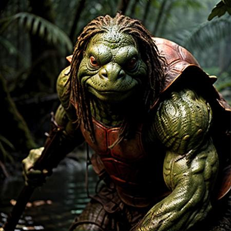 highly detailed  movie still of a (tortle:1.2) standing in a primitive jungle camp,

tortle, solo, looking at viewer, red eyes, holding, standing, weapon, holding weapon, armor, blurry, blurry background, colored skin, polearm, shoulder armor, pauldrons, spear, breastplate, green skin, holding polearm, chainmail,

realistic:1.1, depth of field, blurry, blurry background,

in a swamp,

photorealistic,
ultra photoreal,
32k, natural light,
sunbeams,







