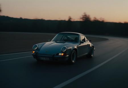 cinematic photo of a fast moving drifting classic Porsche 911 at dusk, motion blur, moving tires, Movie Still, Film Still, Cinematic, Cinematic Shot, Cinematic Lighting