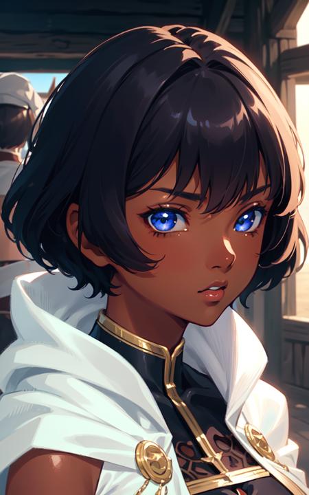 (((dark tanned skin))), anime, a close up portrait of a sermer, (((a woman in a medieval outfit))), (white cloak), short black hair, (blue eyes), athletic, 8k, Unreal Engine 5, octane render, by kyun, gamang, Yoon Gon-Ji, g.ho, gosonjak, shuroop, serious, domi, noah, trending on pixiv, fanbox, skeb, masterpiece, smooth soft skin, big dreamy eyes, beautiful intricate colored hair, symmetrical, anime wide eyes, soft lighting, concept art, digital painting, <lora:sermer:0.4>