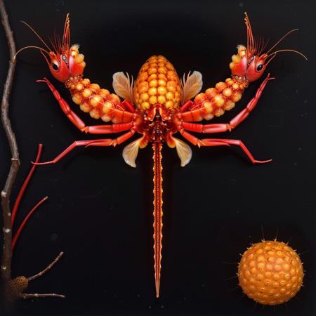 (masterpiece, top quality, best quality, official art, beautiful and aesthetic:1.2), neonpophaeckel, a shrimp and egg sacs, black background (no humans:2) <lora:Neon Pop Haeckel:1.0>
