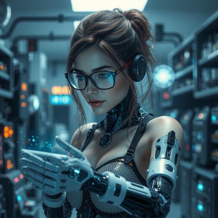 cinematic photo a cyberpunk girl in a high-tech lab, studying holographic data while her cybernetic limbs move seamlessly, blending her high-tech augmentations with human beauty and intelligence. 35mm photograph, film, bokeh, professional, 4k, highly detailed