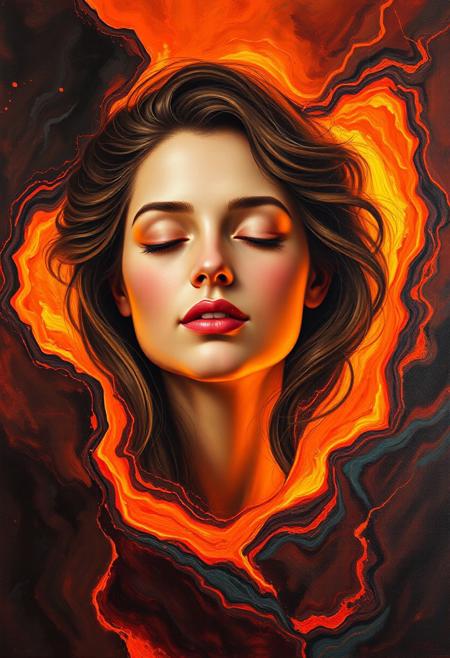 An oil painting inspired by the styles of William-Adolphe Bouguereau, J.M.W. Turner, and Carne Griffiths. The central focus is the face of a stunningly beautiful woman, her features delicately rendered with soft, painterly brushstrokes, emerging from a glowing sea of molten lava. Her face exudes a serene expression of bliss, with closed eyes and slightly parted lips, with an expression of pleasura, of intense delight, almost orgasmic. The warm glow of the surrounding lava softly illuminates her skin, blending seamlessly into the rich textures of the painting, mimicking the flowing brushstrokes of classical oil portraits.
The molten lava is depicted with a vibrant palette of deep oranges, fiery reds, and glowing yellows, creating a dynamic and intense contrast with the softness of her features. Her hair, painted with a fluid, organic style reminiscent of Carne Griffiths, transitions into the swirling, fiery tendrils of the molten lava. The edges of her face and hair dissolve into the glowing, vibrant sea of fire, creating a harmonious fusion between her form and the natural elements.
The entire painting is thick with the texture of oil on canvas, featuring expressive brushstrokes that give the scene a tactile, timeless quality. The sensuality and softness of the human form are rendered in Bouguereau’s graceful, classical style, while the glowing lava wraps around her in a swirling, fiery embrace.