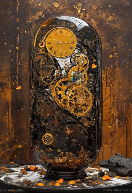 Masterpiece representing an allegory of Time and Memory, 
Conflict, 
Broken vase, 
disturbance, 
crispy, 
grim colors, 
deep tonalities, 
brown, 
black, 
white, 
almond, 
Cruel creature, 
Gustav Klimt style, 
nightmarish and macabre Essence, 
dystopian world, 
post-apocalyptic, 
Harsh, 
noisy, 
destructful, 
Karol Bak Art, 
Ciro Marcetti Art, 
Art by Kyrielle, 
Luis Royo influence, 
Watercolor, 
trending on artstation, 
sharp focus, 
studio photo, 
intricate details, 
highly detailed, 
by greg rutkowski, 
Broken Glass effect, 
no background, 
stunning, 
something that even doesn't exist, 
mythical being, 
energy, 
molecular, 
textures, 
iridescent and luminescent scales, 
breathtaking beauty, 
pure perfection, 
divine presence, 
unforgettable, 
impressive, 
breathtaking beauty, 
Volumetric light, 
auras, 
rays, 
vivid colors reflects, 
neon ambiance, 
abstract black oil, 
gear mecha, 
detailed acrylic, 
grunge, 
intricate complexity, 
rendered in unreal engine, 
photorealistic