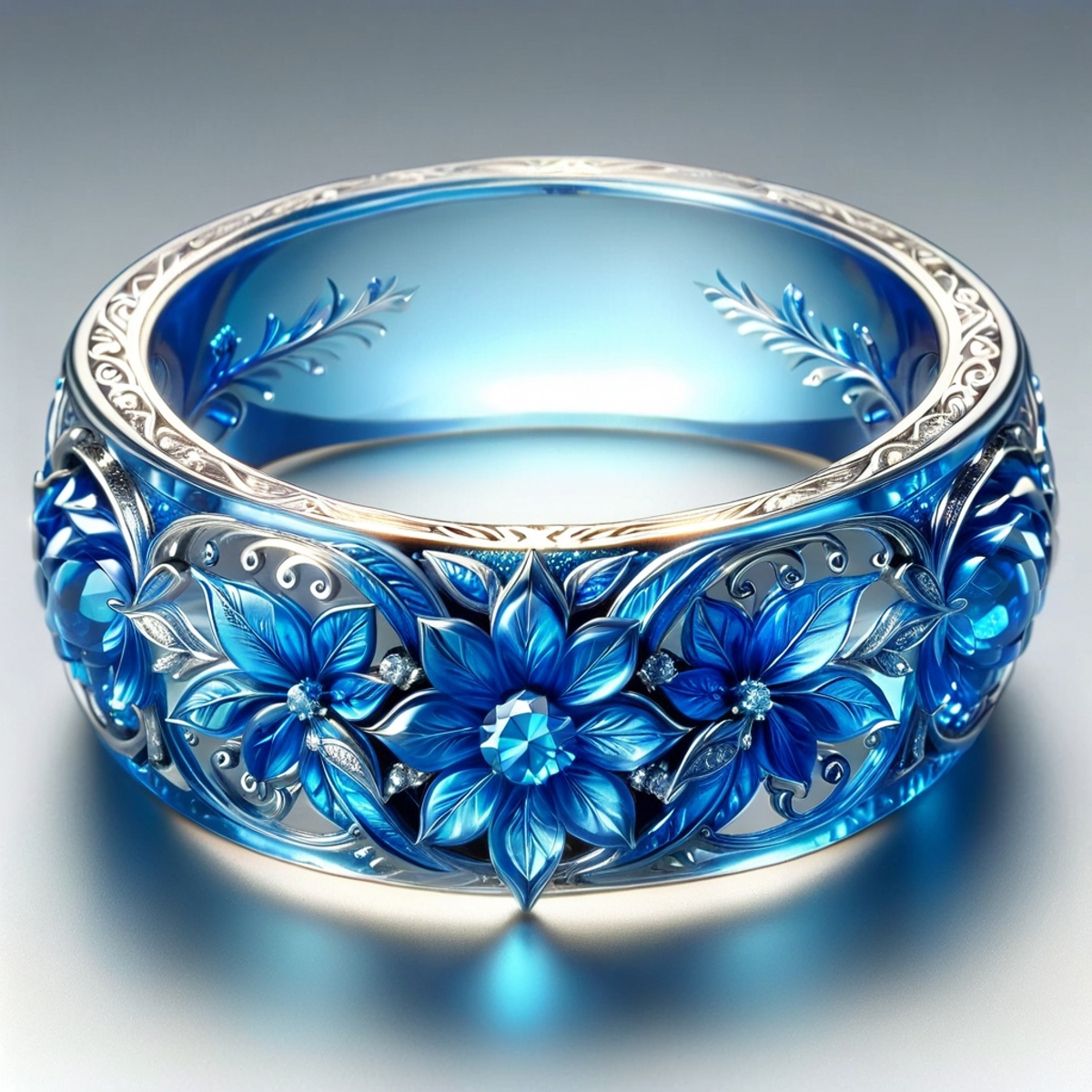 Blue and White Ring with Flowers and Leaves