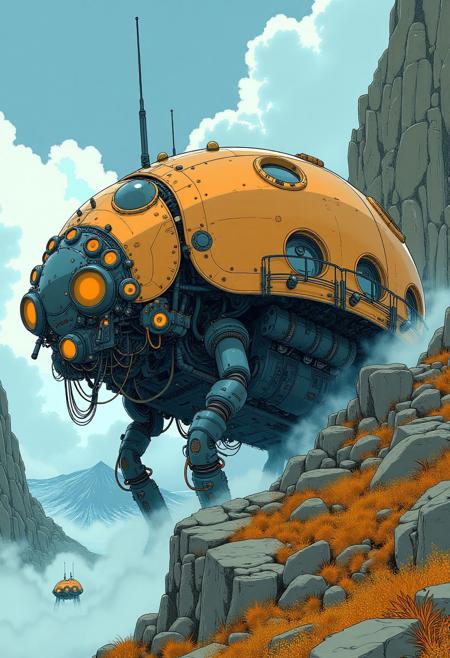 A giant mechanical ladybug traversing a rocky and rugged planet, sci-fi, futurism, the ladybug is a vehicle, windows and railings, portholes, hatchways, dramatic beautiful lighting,