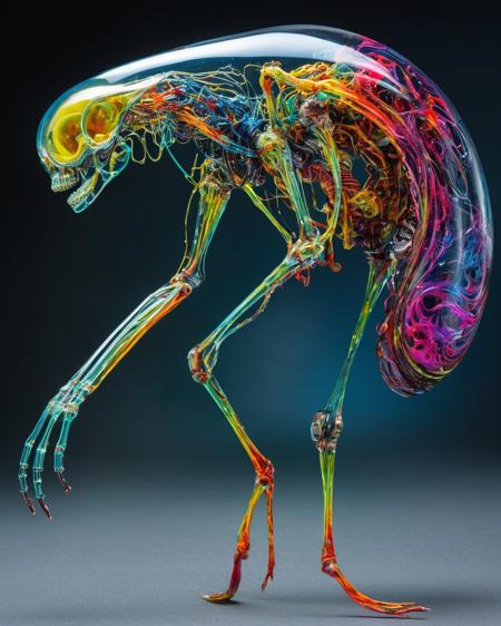 focus on alien non-anthropomorphic bioengineered creature, transparency:1.4, (detailed cybernetic implants fused with organic matter:0.5), full body, (with intensely vibrant swirling colors:1.9), realistic photo, <lora:add-detail-xl:1.0> ,  <lora:artialien:1> artialien