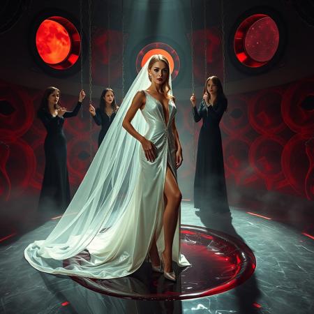 high-society elegant slender norvegian  rich   innocent young bride wearing   glossy silver high heels and glossy transparent slime  high slit wedding gown with matching long veil. She posing  in center of the floor hole,  filled with glossy black slime, surrounded by arrogant ladies wearing elegant black gowns and high heels, pulling her inside  giant slime covered glossy red foil breeding  round bed by long silver chains, eerie fog that wafts up from the fleshy jelly floor, encased in light beam from the chamber celling, strugging to break free and escape, glossy live wet-look jelly walls, whorish breeding chamber, colossus observation portholes to outer space full of stars, bright red moon, vintage-inspired makeup, long hairs, ultra thin waist, evil grin, porcelain skin, lipstick, red nails, in the style of a haunting, retro-futuristic 1950s sci-fi nightmare, horror, alien space base,