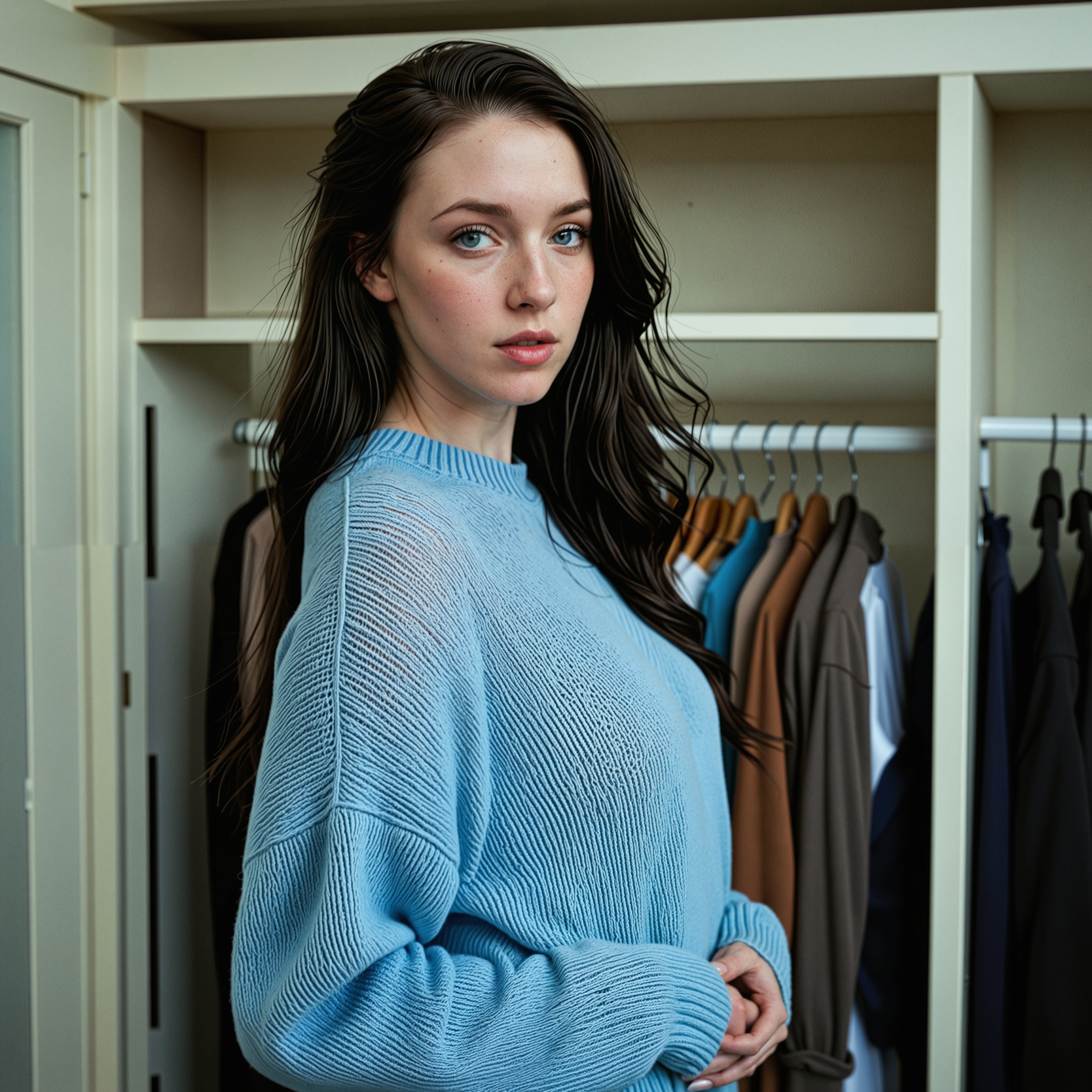 pale skin  black hair woman, clear focus, high resolution image, perfect face, sexy pose, camera facing a woman standing in a messy room, partially covered by an oversized grey sweater. the image also shows clothes hanging on a rack and a washer and dryer in the background. on the middle of the image, a 20 years old woman with light skin and long hair appears to be facing the viewer, looking directly at them with a neutral expression. she has a slender physique and small breasts with pink nipples. her hair is styled in a long hair style and her eyes are blue. she is wearing a grey oversized sweater  low light, soft natural light, Rembrandt style light, Hasselblad DLSR camera, 200mm Zeiss lens, f/2.8 ,Sexy pose, erotic pose, exhibitionism, inside a crowded ballroom, (blue eyes), <lora:Brenna_SDXL:0.6>.