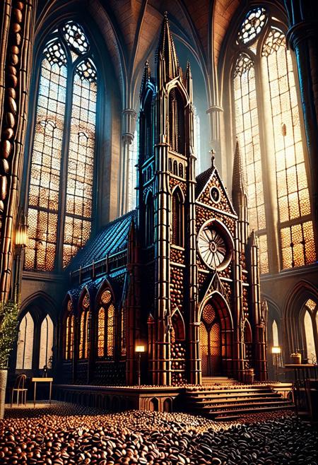 epic fantasy gothic cathedral made entirely of coffee beans and espresso textures, translucent stained-glass windows made of coffee beans, intricate architecture, majestic and atmospheric lighting, sacred vibes, divine aroma, scenic lighting, coffee beans, cinematic, ultra detailed, high quality, cyberpunk lighting, golden hour, aromatic vapors